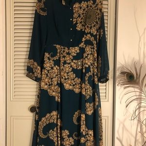 Stunning blue green with gorgeous designs. Very flattering and so feminine